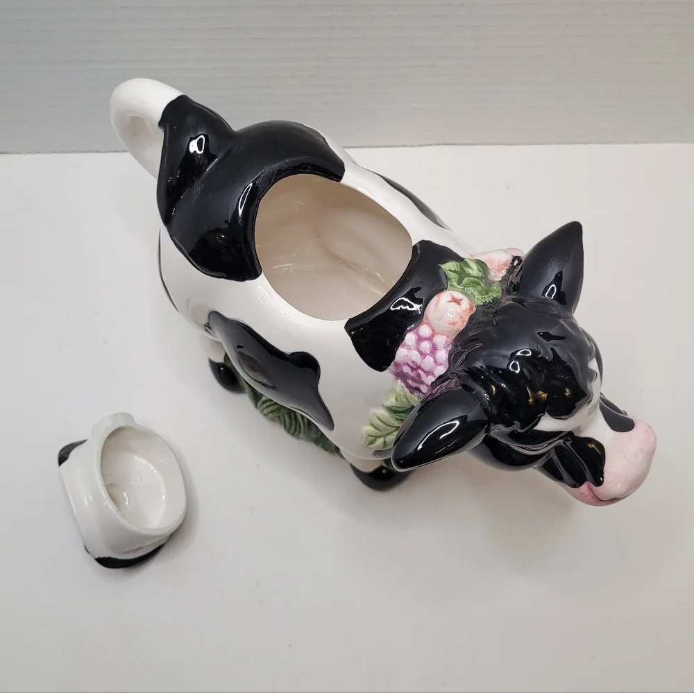 Black White Holstein Cow Teapot with Blue Bird on Back Vintage Wangs Intl Cerami